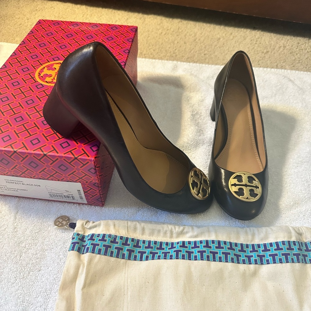Tory Burch Black Heels with Gold Emblem